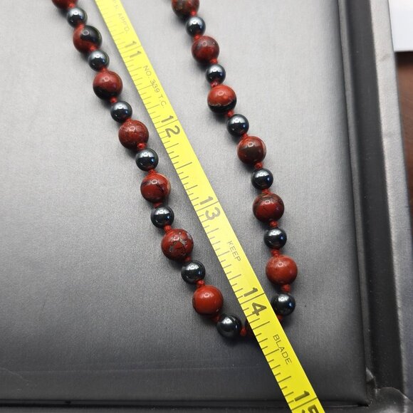 VTG Red Brecciated Jasper & Hematite Handtied Beaded Necklace 28" Natural Stone - Picture 3 of 7